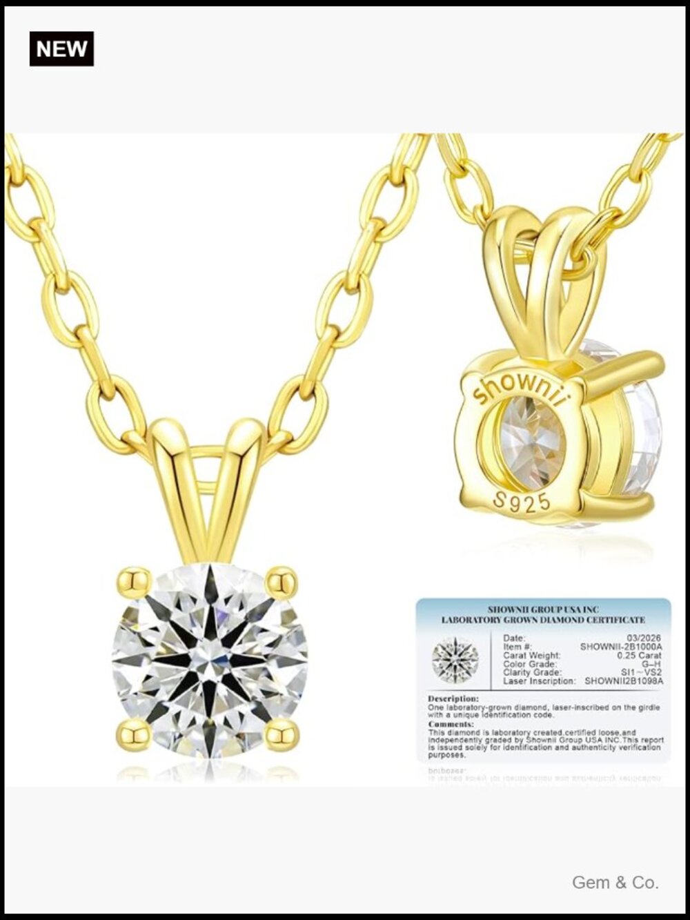 Solitaire Diamond Necklace Lab Grown 0.25ct 14K Gold Plated